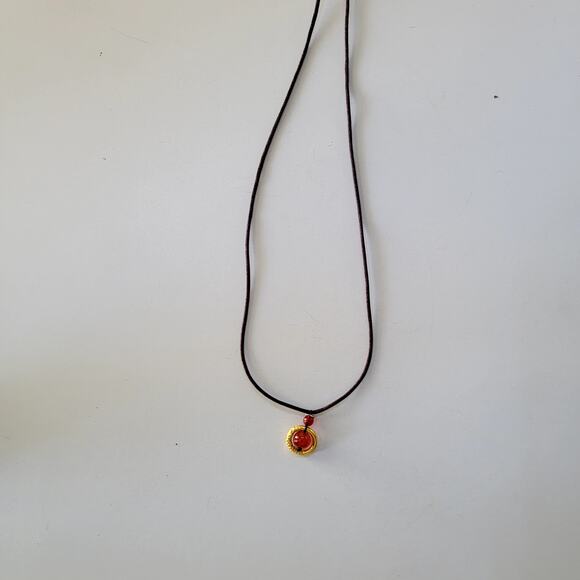 Handmade Red Bead Pendant Necklace Gold Accent Dark Brown Cord Adjustable Style - Picture 2 of 10